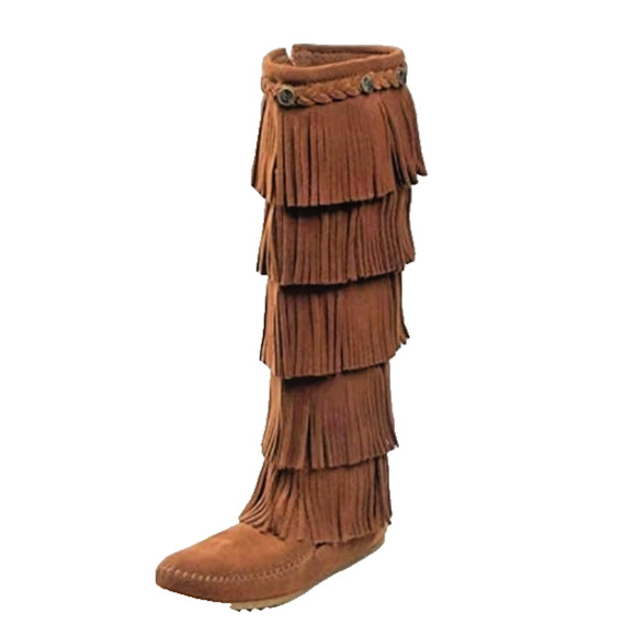 Minnetonka 5 Layer Fringe Boots Womens 8 Brown Suede Tall Zip Moc - Picture 8 of 10